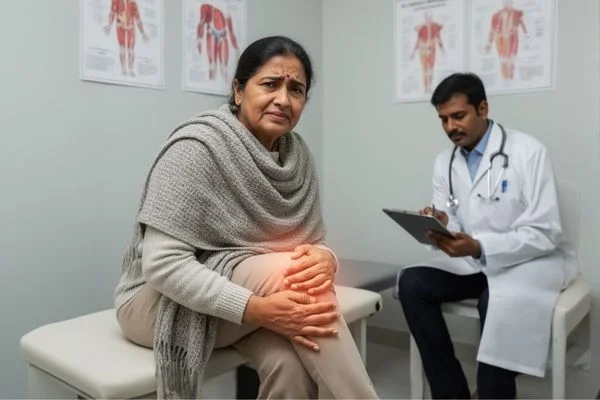 Middle-aged Indian woman experiencing knee and hip pain in winter at an orthopedic clinic with doctor consultation