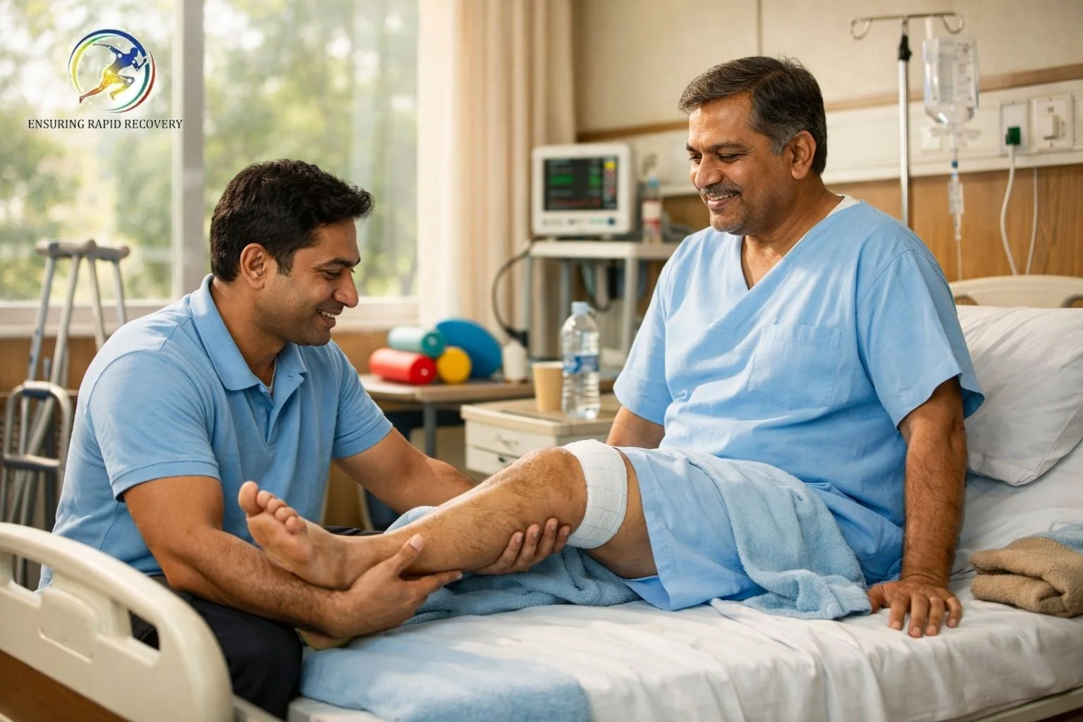 Indian patient recovering from knee replacement surgery in a hospital, assisted by a physiotherapist performing leg exercises