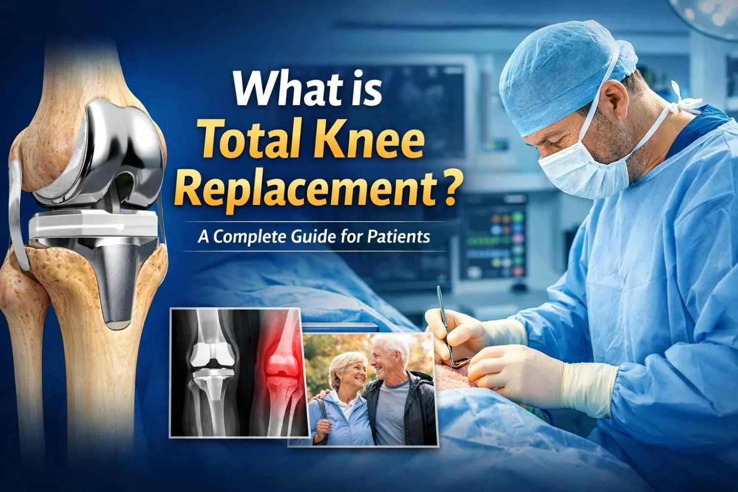 Illustration explaining what is total knee replacement (TKR), showing a knee implant and an orthopedic surgeon performing the procedure.