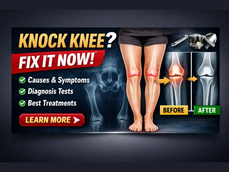 Knock knee treatment illustration showing genu valgum knee alignment, inward angled legs, pain area highlight, X-ray diagnosis, and before after correction results