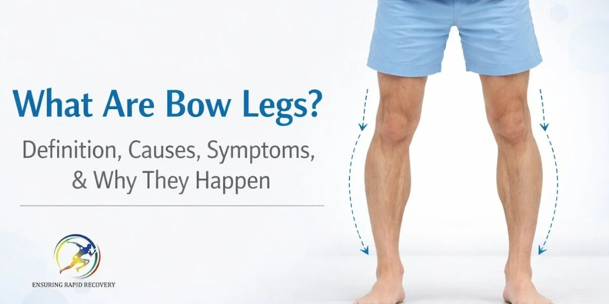Illustration showing normal legs vs bow legs (genu varum) with leg curvature comparison