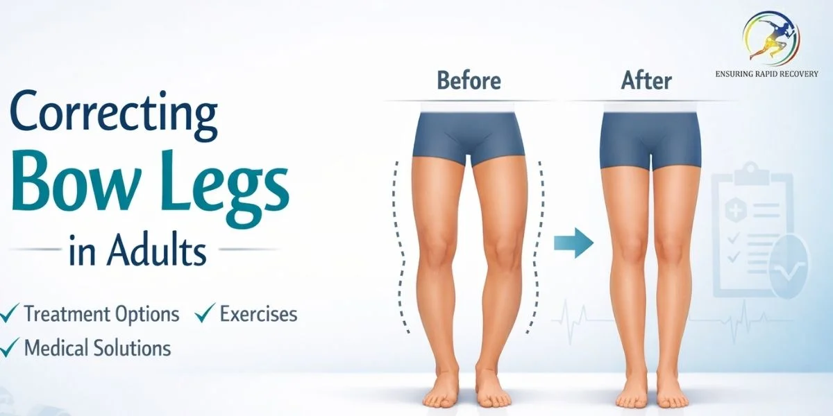 Adult bow legs correction showing before and after leg alignment with treatment and exercise illustration