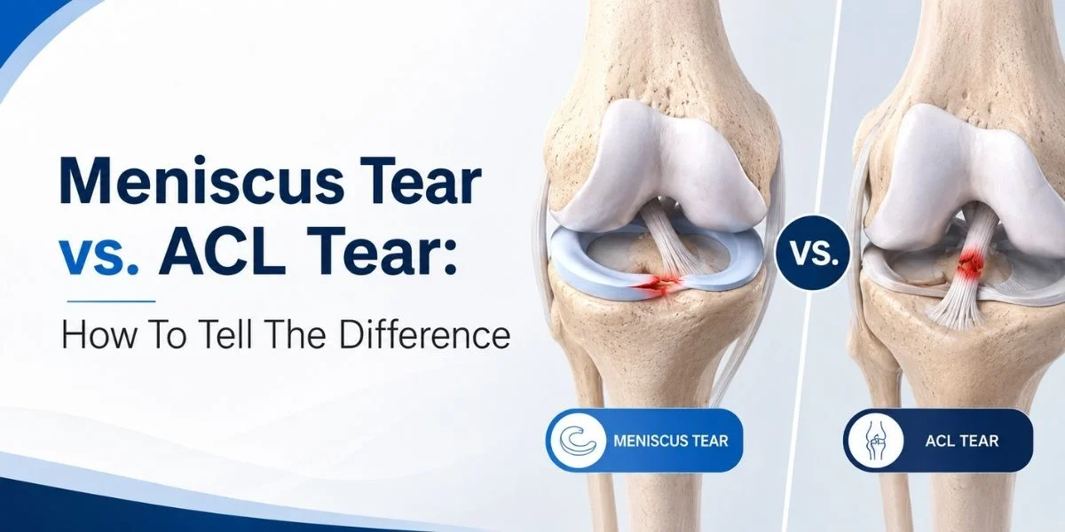 Comparison of meniscus tear vs ACL tear showing knee ligament injury symptoms, pain, swelling, and instability differences