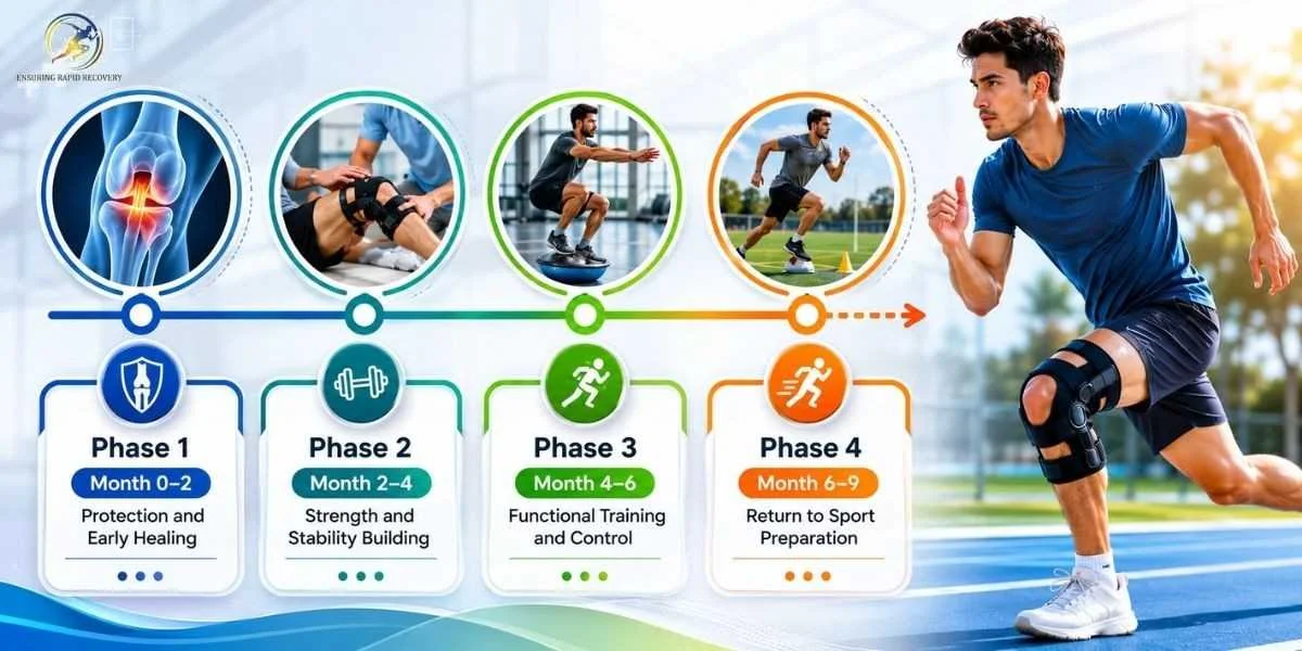 ACL return to sport timeline showing 9-month ACL recovery stages after knee surgery and rehabilitation process